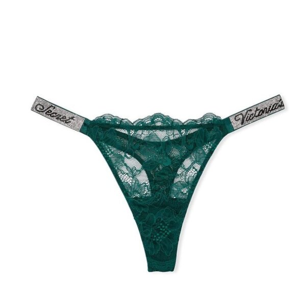VS VERY SEXY Shine Strap Thong Panty Shimmer Crystal Band Lace Mesh Bling Green - Picture 6 of 11